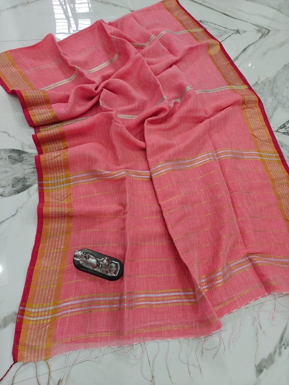 Peach Pink Handwoven Stripe Design Linen Saree With Zari Borders Peach Pink Handwoven Stripe Design Linen Saree With Zari Borders