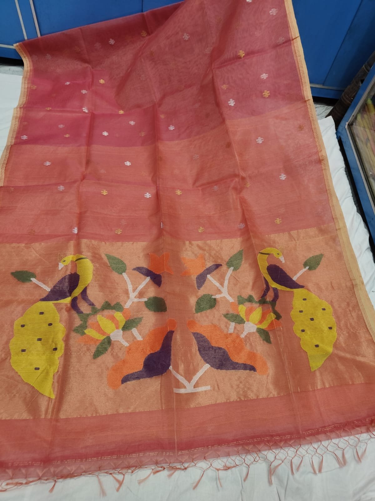 Peach Pink Muslin Jamdani Saree With Paithani Design Pallu Peach Pink Muslin Jamdani Saree With Paithani Design Pallu