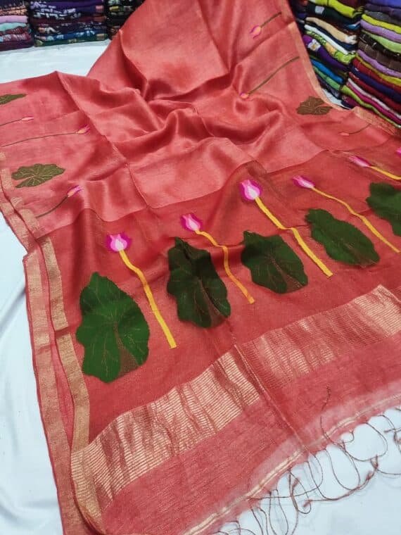 Peach Pink Premium Jayashree Tissue Resham Linen Saree