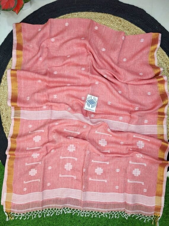 Peach White Jamdani Pure Linen Handwoven Saree