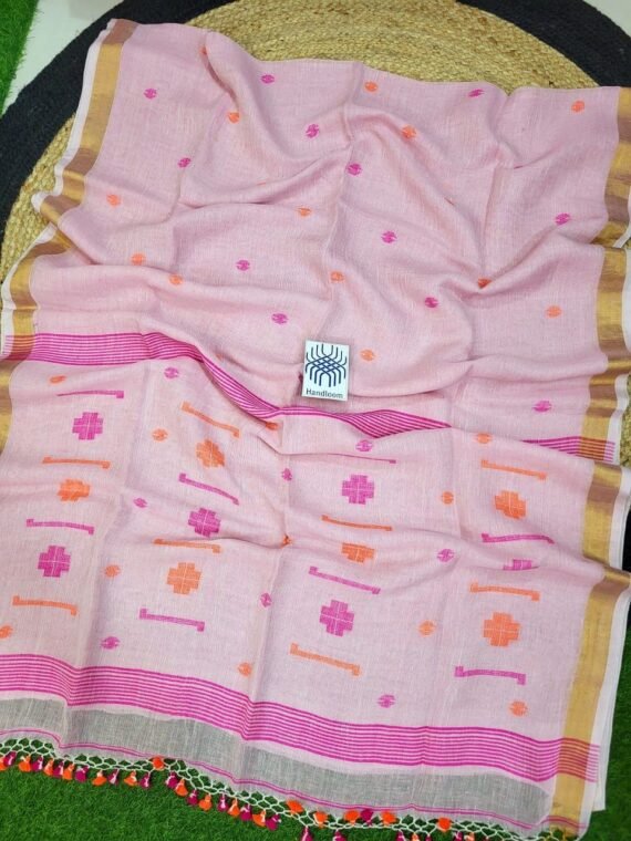 Pink Orange Jamdani Pure Linen Handwoven Saree