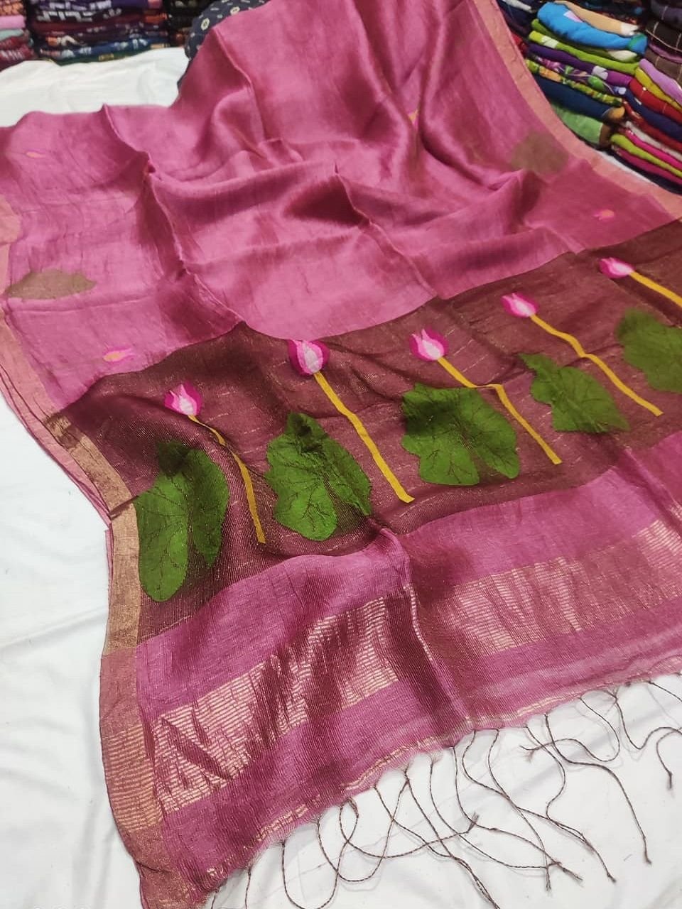Pink Premium Jayashree Tissue Resham Linen Saree Pink Premium Jayashree Tissue Resham Linen Saree