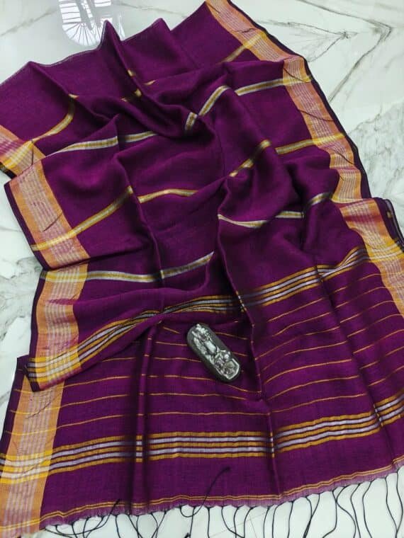 Purple Handwoven Stripe Design Linen Saree With Zari Borders