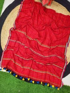 Red Pure Cotton Kantha Stitch Weaving Check Design Saree