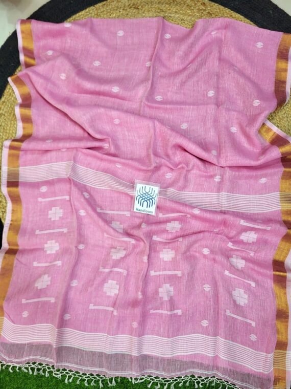 RosePink White Jamdani Pure Linen Handwoven Saree