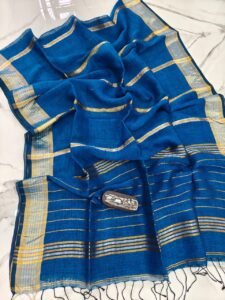 Royal Blue Handwoven Stripe Design Linen Saree With Zari Borders