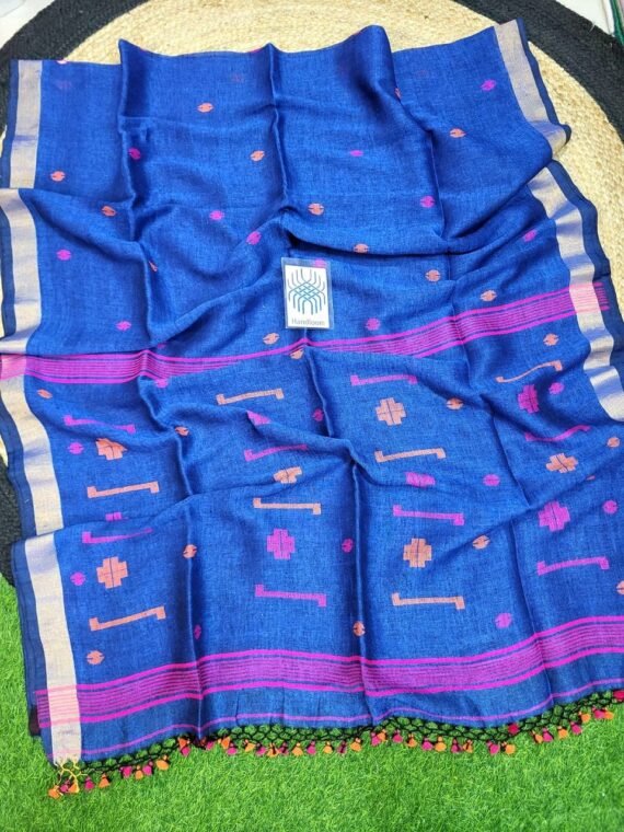 Royal Blue Pink Orange Jamdani Pure Linen Handwoven Saree