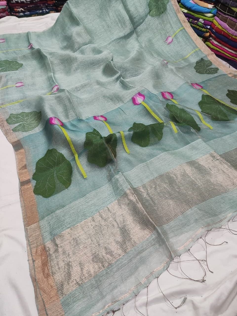 Sage Blue Premium Jayashree Tissue Resham Linen Saree Sage Blue Premium Jayashree Tissue Resham Linen Saree