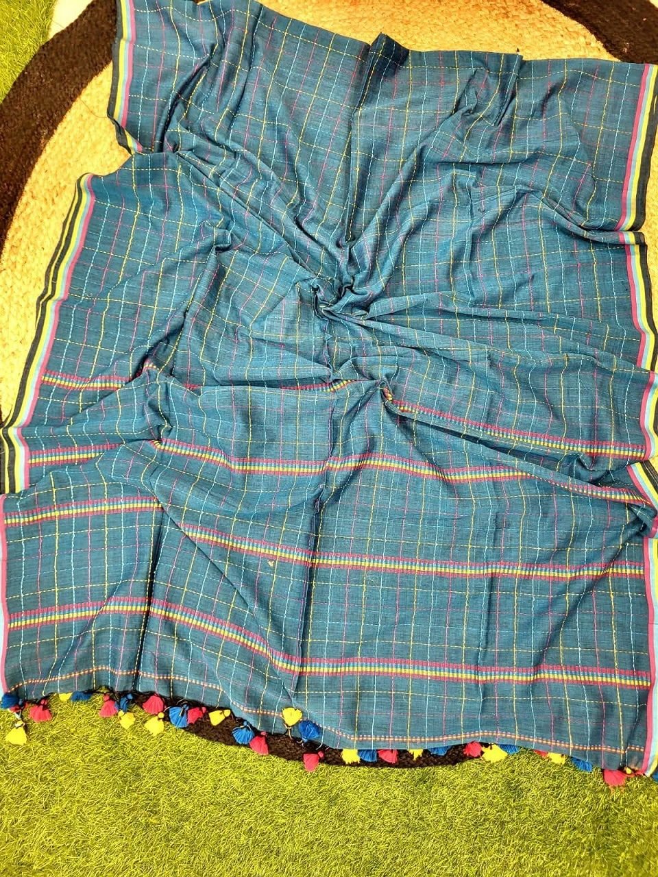 Sage Blue Pure Cotton Kantha Stitch Weaving Check Design Saree Sage Blue Pure Cotton Kantha Stitch Weaving Check Design Saree