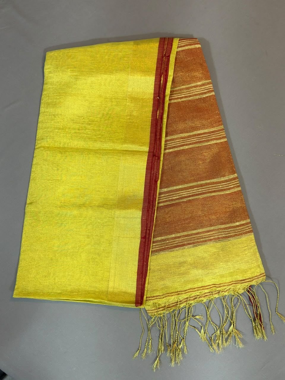 Shiny Golden Yellow with Red and Golden Border Tissue Linen Saree0926 Shiny Golden Yellow with Red and Golden Border Tissue Linen Saree0926