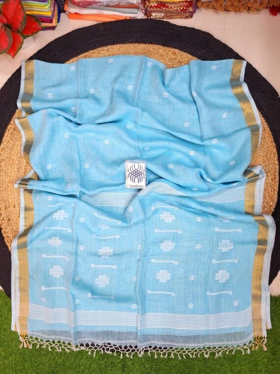 Sky Blue White Jamdani Pure Linen Handwoven Saree