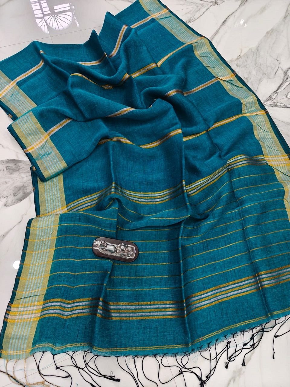Teal Blue Handwoven Stripe Design Linen Saree With Zari Borders Teal Blue Handwoven Stripe Design Linen Saree With Zari Borders