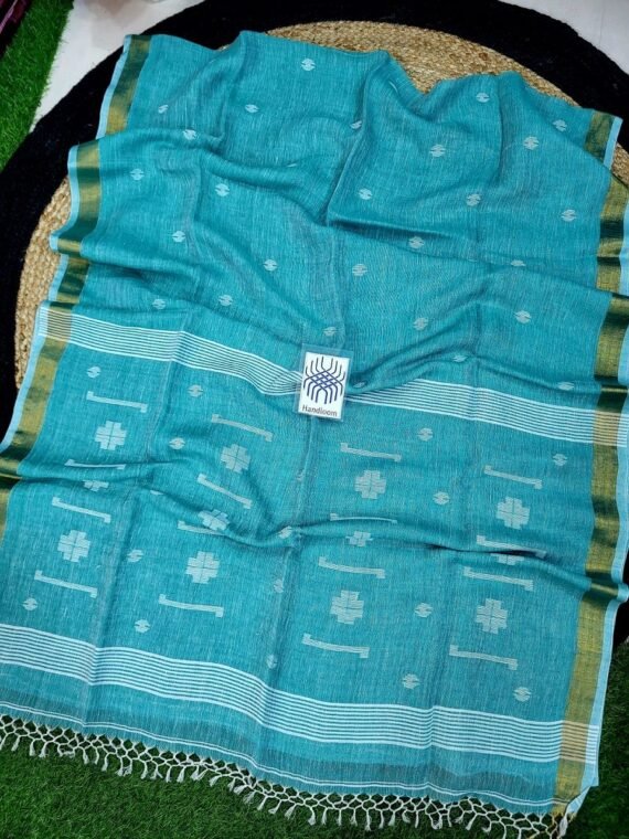 Teal Blue White Jamdani Pure Linen Handwoven Saree