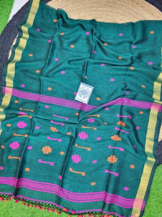 Teal Green Pink Orange Jamdani Pure Linen Handwoven Saree