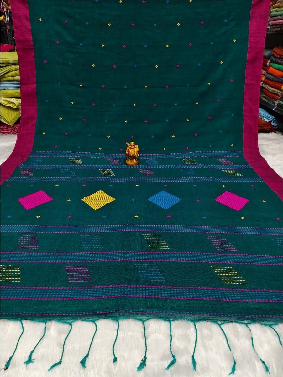 Teal Green Pure Cotton Diamond Design Handloom Saree Teal Green Pure Cotton Diamond Design Handloom Saree