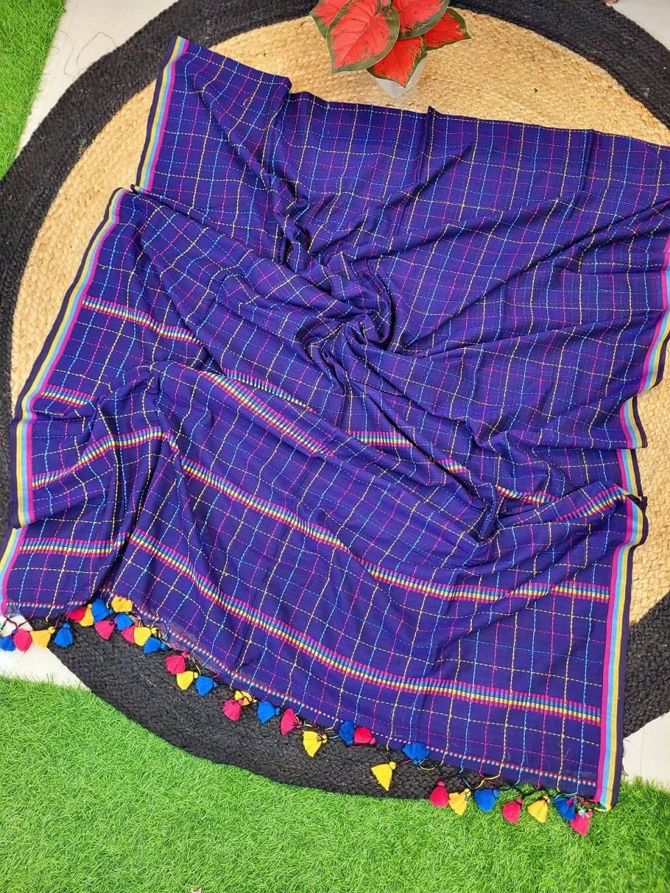 Violet Blue Pure Cotton Kantha Stitch Weaving Check Design Saree Violet Blue Pure Cotton Kantha Stitch Weaving Check Design Saree