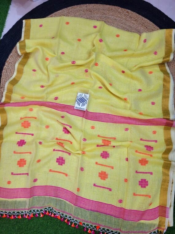 Yellow Pink Orange Jamdani Pure Linen Handwoven Saree