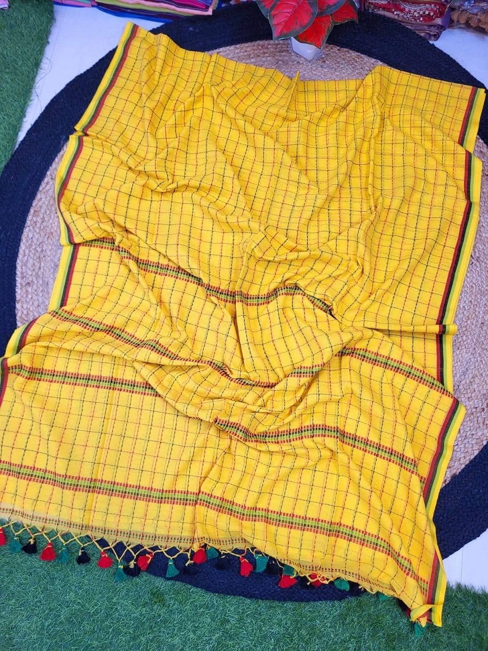 Yellow Pure Cotton Kantha Stitch Weaving Check Design Saree Yellow Pure Cotton Kantha Stitch Weaving Check Design Saree