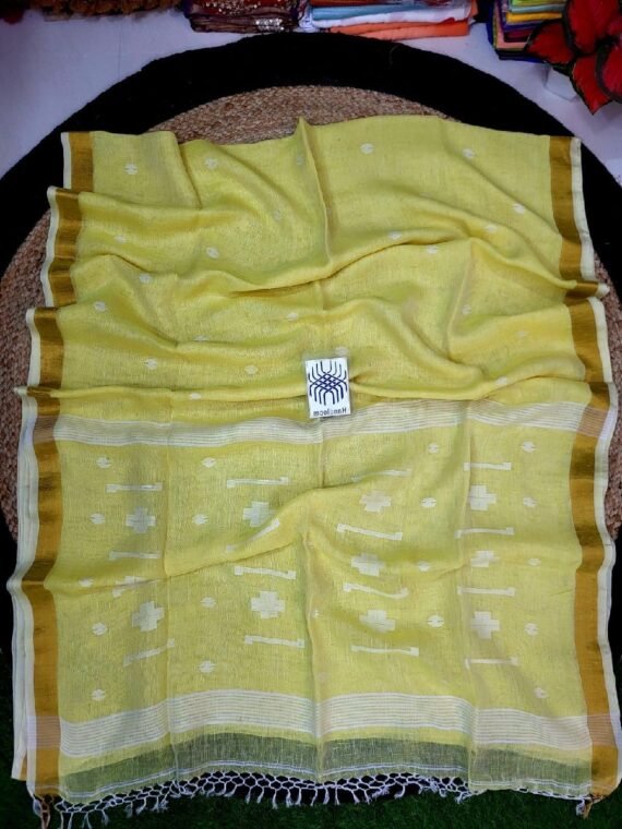 Yellow White Jamdani Pure Linen Handwoven Saree