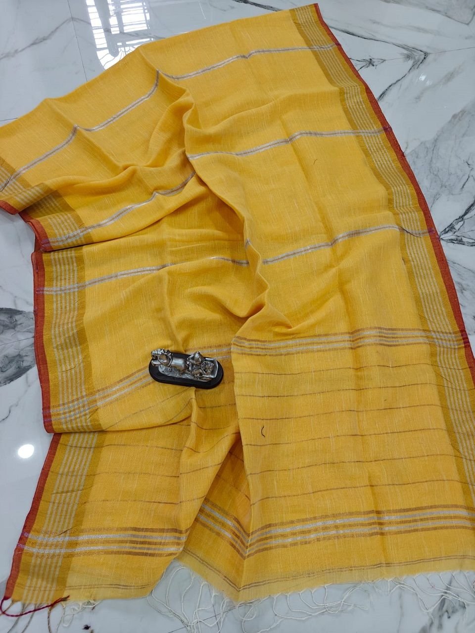 Yellow Handwoven Stripe Design Linen Saree With Zari Borders Yellow Handwoven Stripe Design Linen Saree With Zari Borders