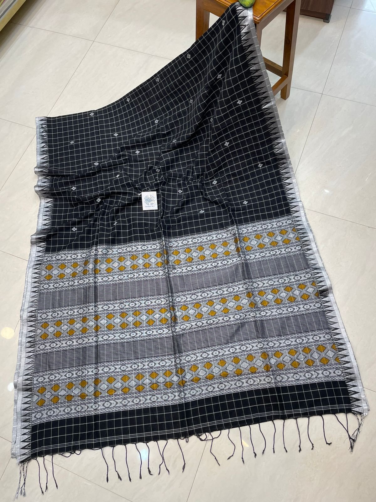 Black Check Temple Border Premium Handloom Cotton Saree Black Check Temple Border Premium Handloom Cotton Saree