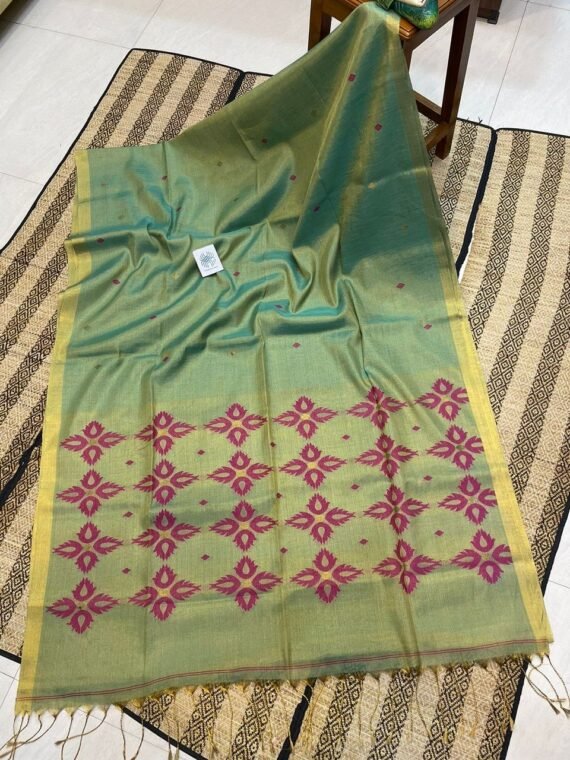 Blue Golden Tissue Linen Pink Floral Jamdani Handloom Saree