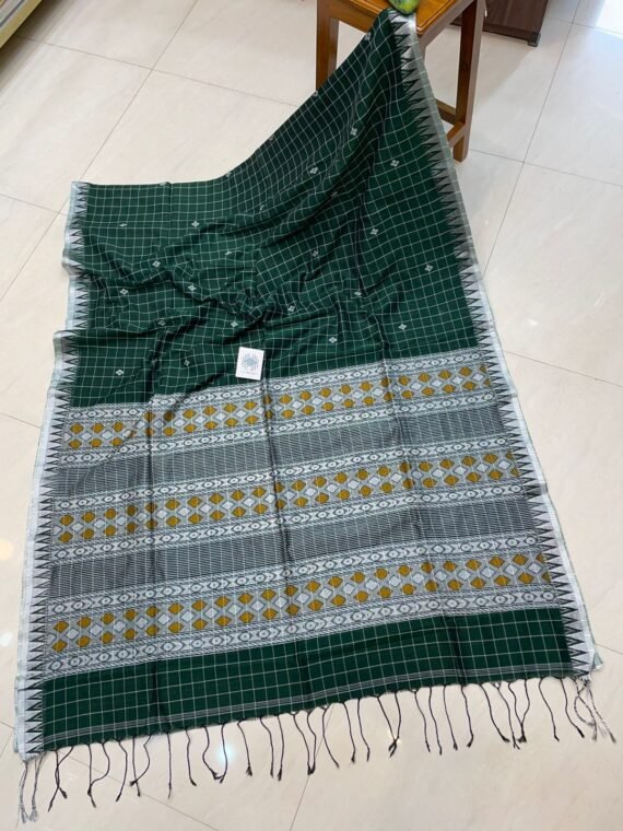 Bottle Green Check Temple Border Premium Handloom Cotton Saree