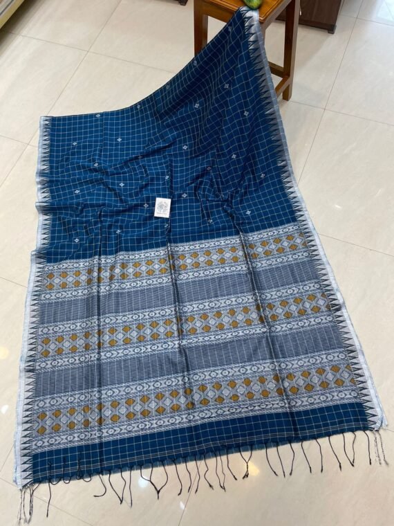 Deep Blue Check Temple Border Premium Handloom Cotton Saree