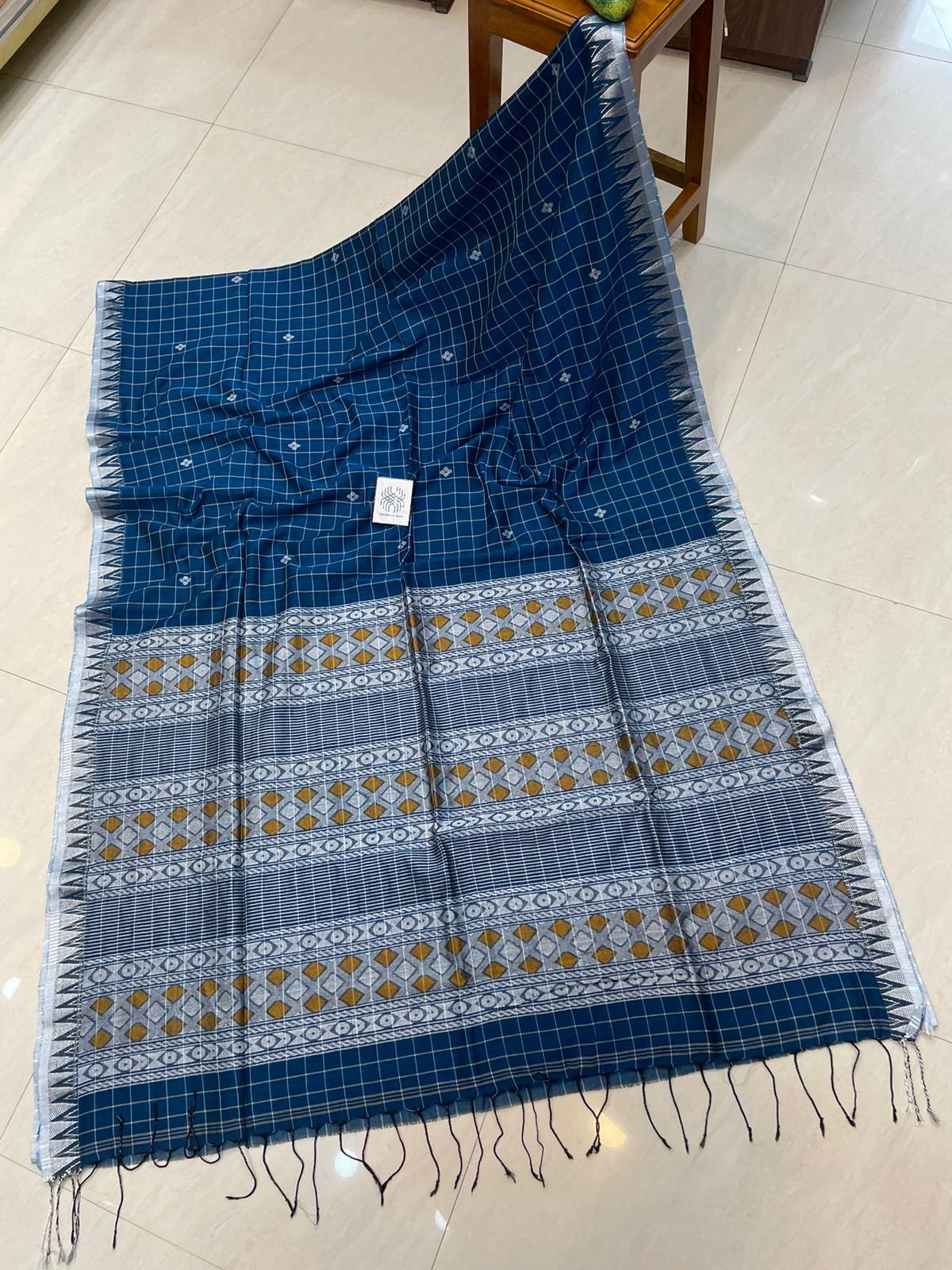 Deep Blue Check Temple Border Premium Handloom Cotton Saree Deep Blue Check Temple Border Premium Handloom Cotton Saree