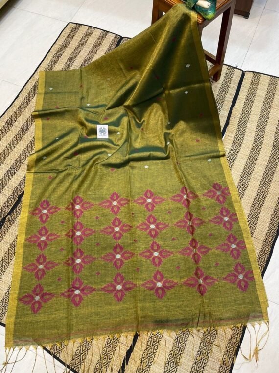 Green Golden Tissue Linen Pink Floral Jamdani Handloom Saree