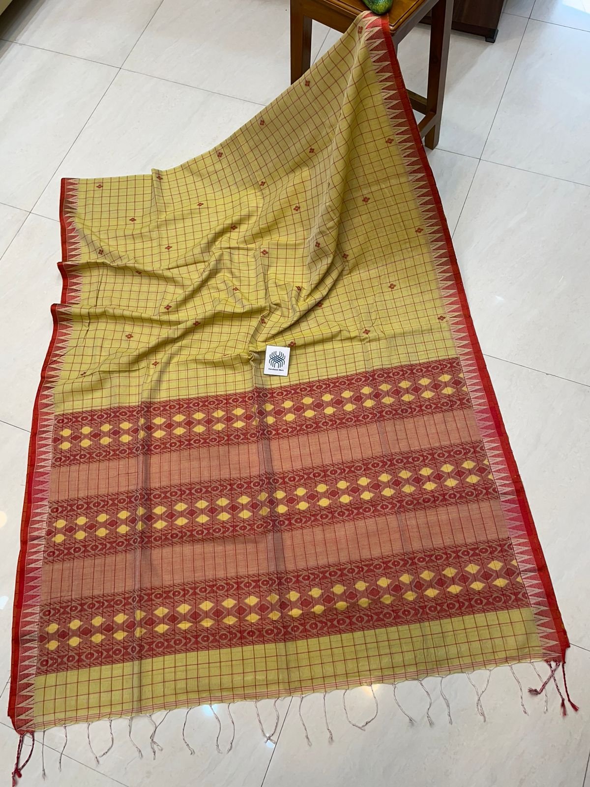Mustard Yellow Check Temple Border Premium Handloom Cotton Saree