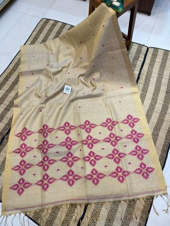 OffWhite Golden Tissue Linen Pink Floral Jamdani Handloom Saree