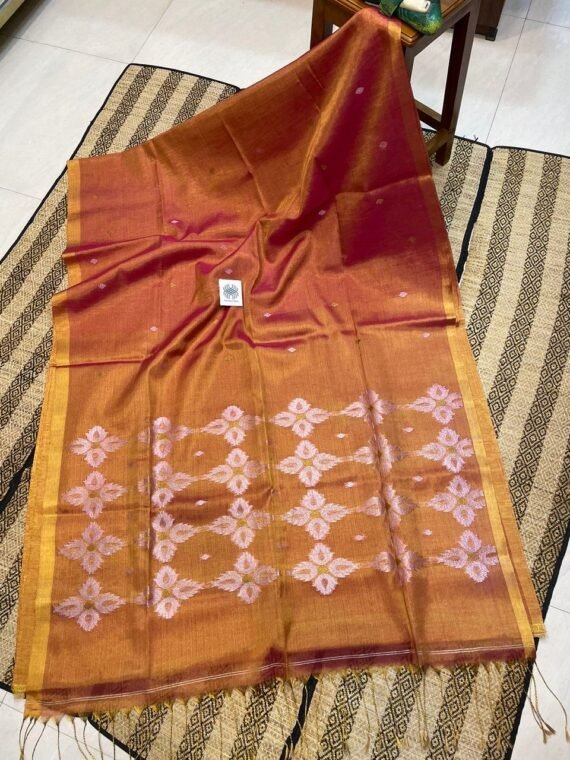 Pink Golden Tissue Linen Floral Jamdani Handloom Saree
