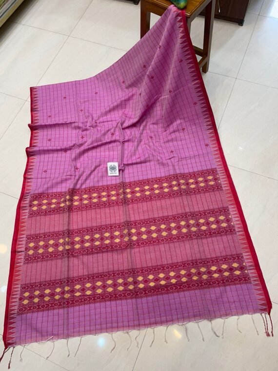 Pink Red Check Temple Border Premium Handloom Cotton Saree
