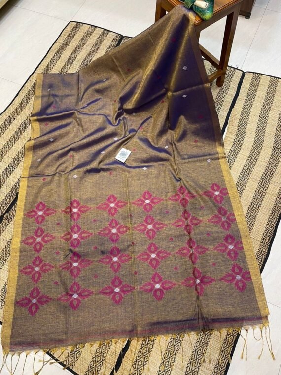 Violet Golden Tissue Linen Pink Floral Jamdani Handloom Saree