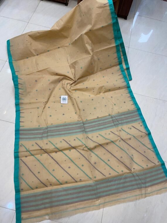 Beige Blue Authentic Tantuja Handloom Cotton Saree Without Blouse Piece