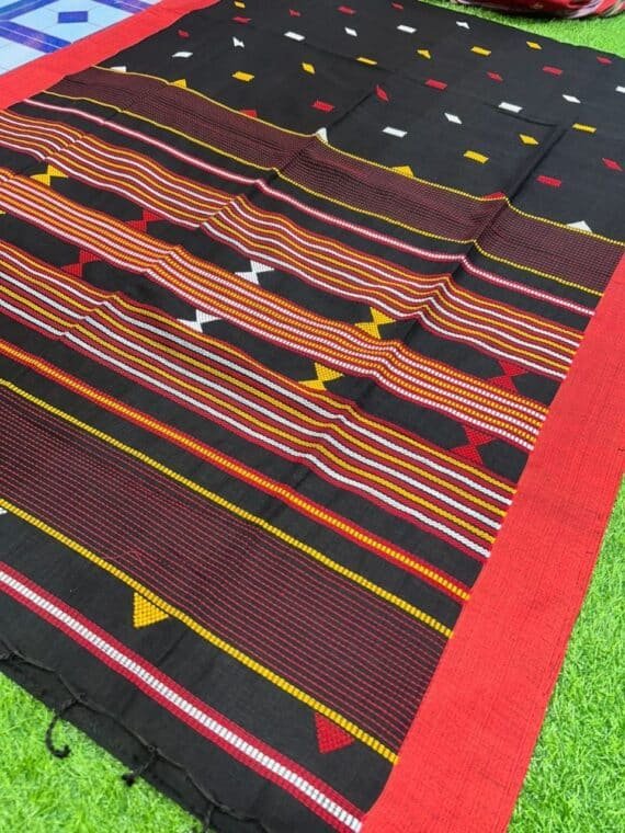 Black Red Cotton Four Ply Jamdani Handloom Saree