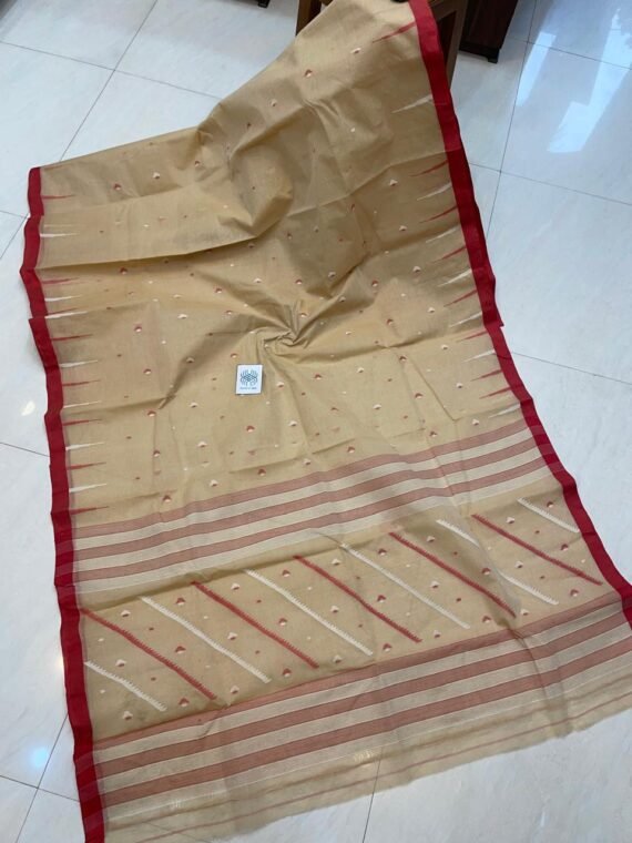 Cream Red Authentic Tantuja Handloom Cotton Saree Without Blouse Piece