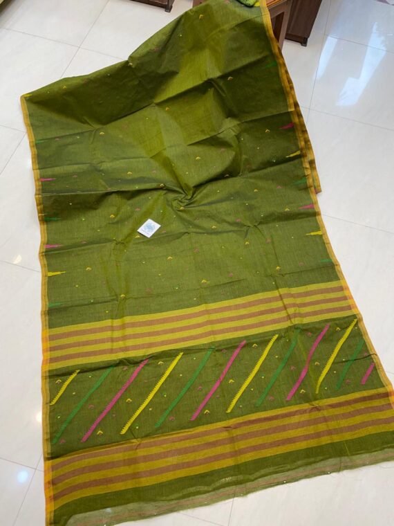 Green Yellow Authentic Tantuja Handloom Cotton Saree Without Blouse Piece