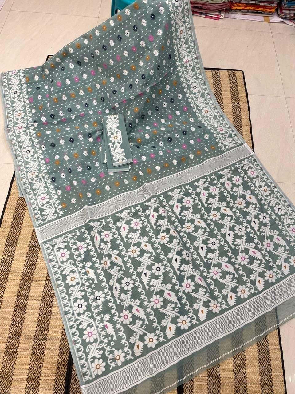 Light Grey Floral Dhakai Jamdani Cotton Silk Saree With Blouse Light Grey Floral Dhakai Jamdani Cotton Silk Saree With Blouse