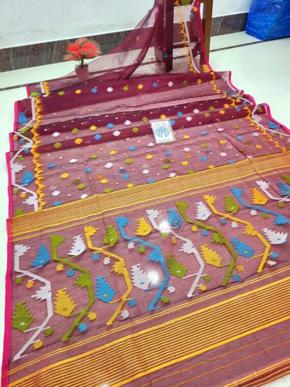 Maroon Pure Handwoven Muslin Jamdani Without Blouse Piece