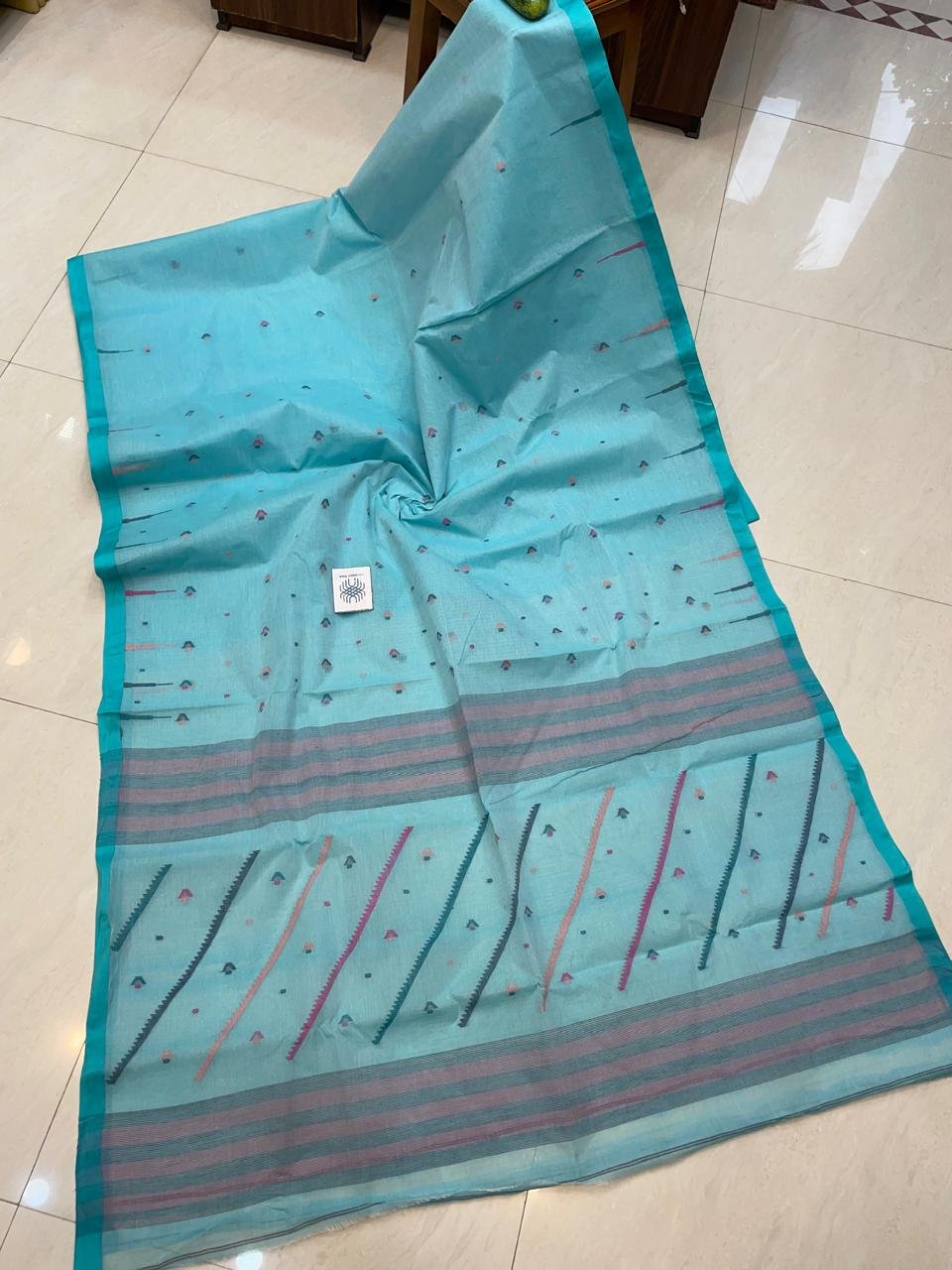 Mint Blue Authentic Tantuja Handloom Cotton Saree Without Blouse Piece