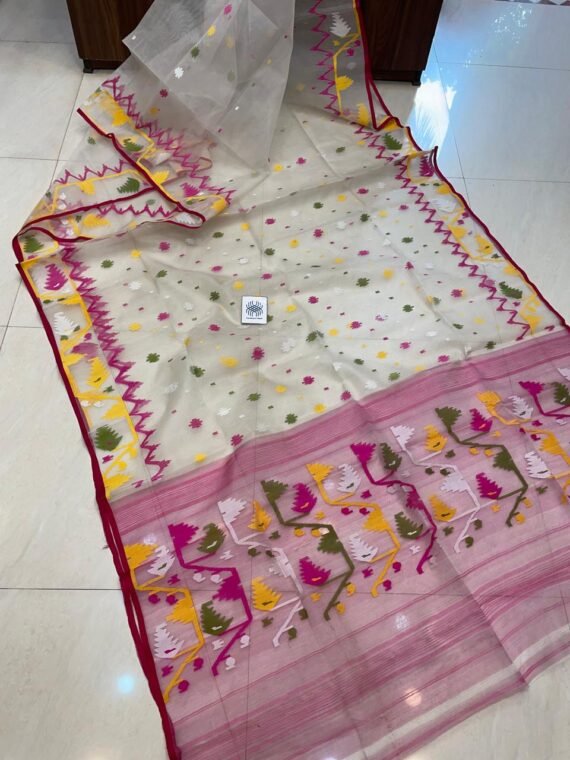 OffWhite Pink Pure Handwoven Muslin Jamdani Without Blouse Piece