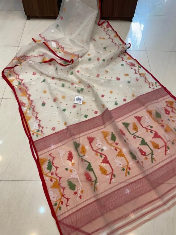 OffWhite Red Pure Handwoven Muslin Jamdani Without Blouse Piece