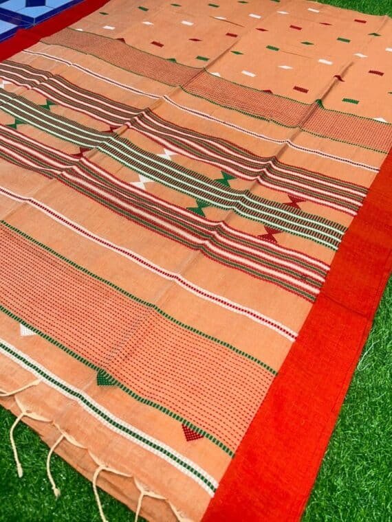 Orange Peach Cotton Four Ply Jamdani Handloom Saree