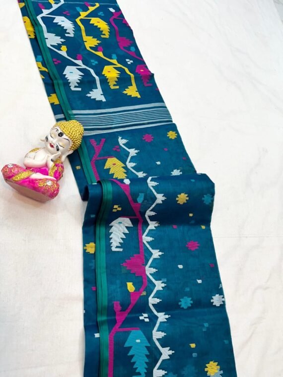 Peacock Blue Pure Handwoven Muslin Jamdani Without Blouse Piece