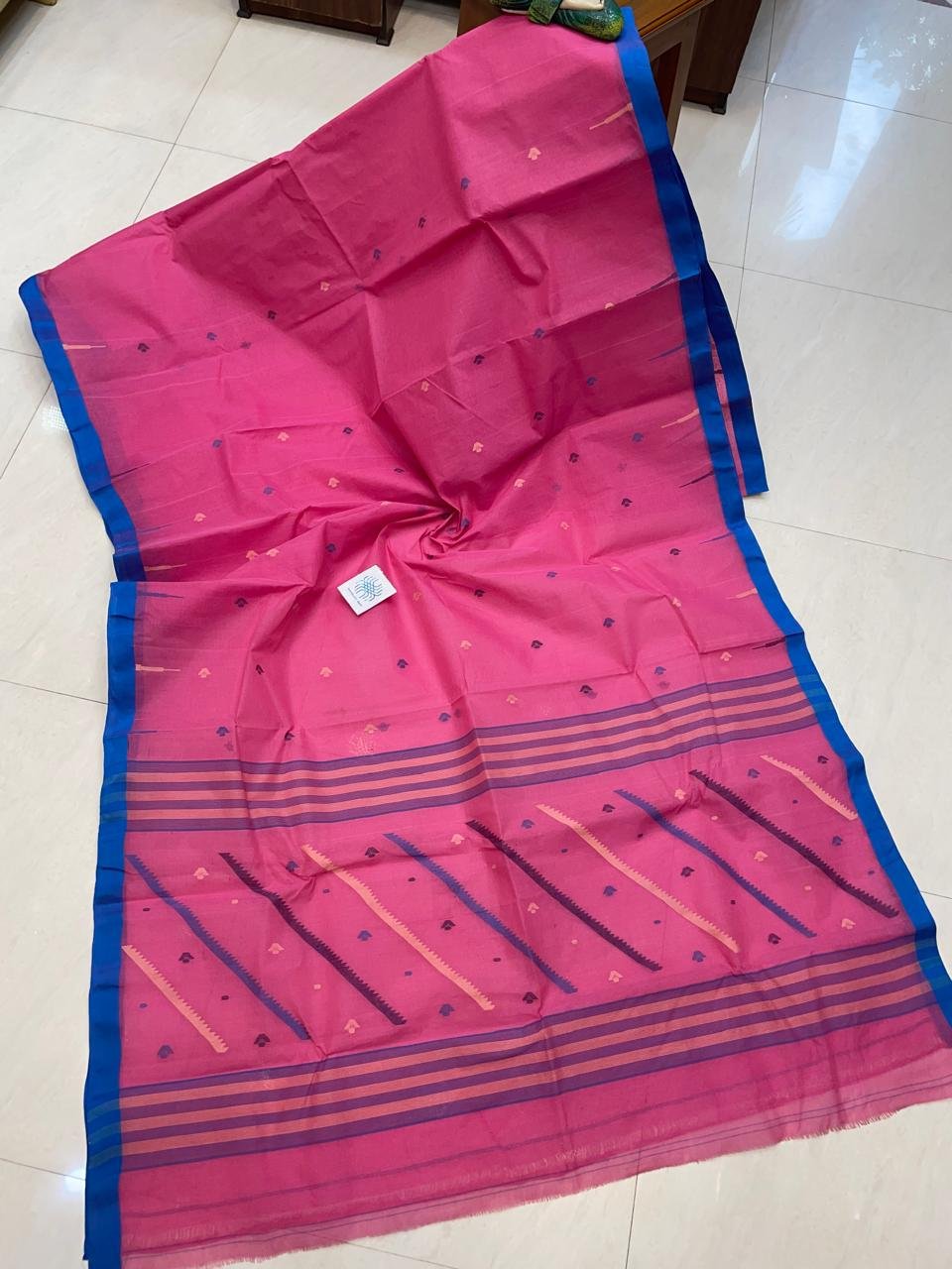 Pink Blue Authentic Tantuja Handloom Cotton Saree Without Blouse Piece