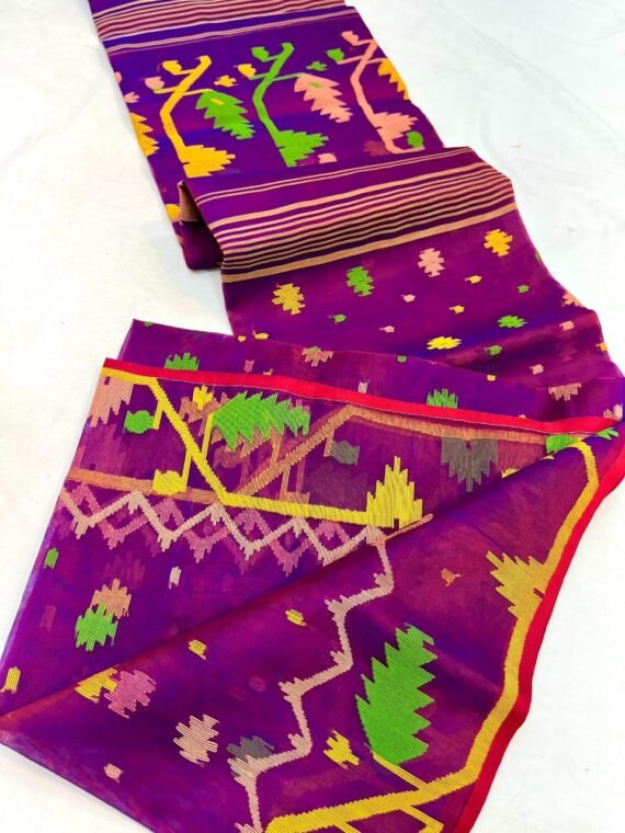 Purple Pure Handwoven Muslin Jamdani Without Blouse Piece