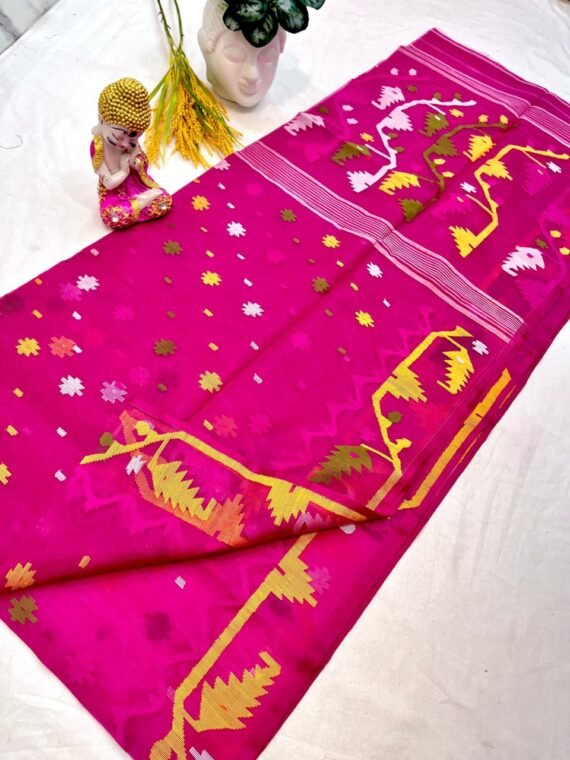 Rani Pink Pure Handwoven Muslin Jamdani Without Blouse Piece