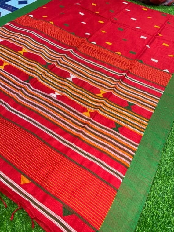 Red Green Cotton Four Ply Jamdani Handloom Saree